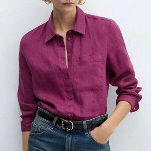 Mango MNG oversize linen dark fuchsia button down long sleeve lagnelook shirt 10
